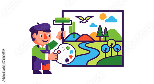Cartoon Artist Painting a Scenic Landscape Illustration With a Bird Flying Overhead