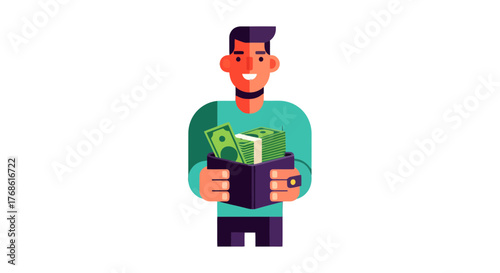 Cartoon Character Displaying Wealth and Holding Stacked Cash in a Wallet