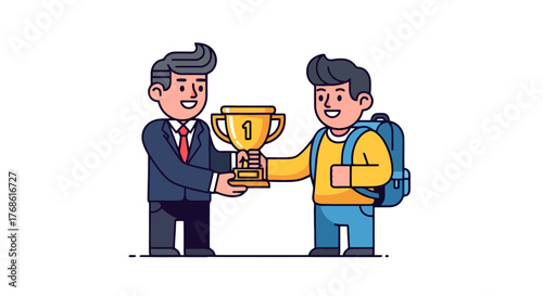Achievement Celebration: A Teacher Awarding a Student with the Winning Trophy