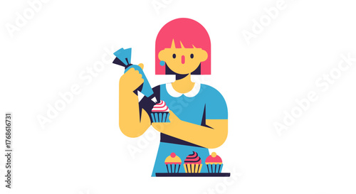 Cartoon Baker Decorated Cupcakes In Modern Style Illustration On A Black Background