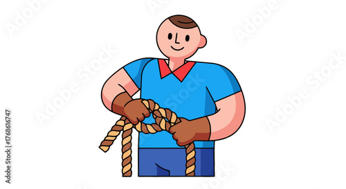 Cartoon Illustration of Person Tying a Knot with Rope for Security and Safety