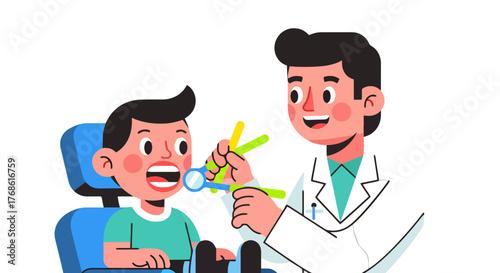 Cartoon Illustration Showing Dentist Examining A Child's Teeth In A Modern Dental Office