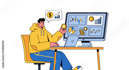 Analyst Assessing Cryptocurrency Value and Financial Market Performance on Computer Screen