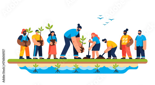 Collective Action Depicted Through Planting Trees, Fostering Unity And Growth Together