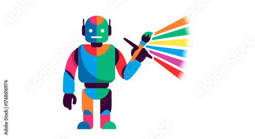 Colorful Robot Painting Vibrant Beams of Light Against a Black Backdrop for Digital Art