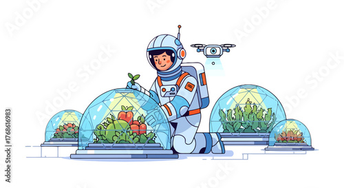 Astronaut Cultivating Produce in a Futuristic Landscape with Spherical Greenhouses.