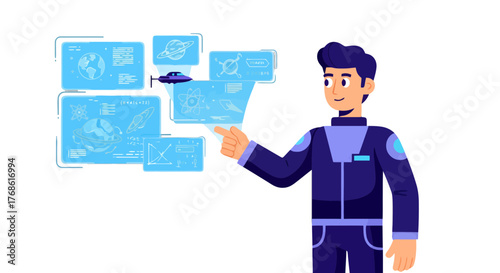 Astronaut Exploring Futuristic Digital Panels Exploring Space And Technology