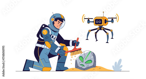 Astronaut Exploring Alien Artifact with Drone Supervision In Cosmic Landscape
