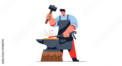 Blacksmith Hard At Work Using Hammer And Anvil To Forge Metal Art Crafts