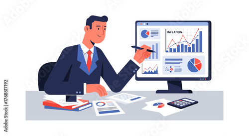 Business Analyst Examining Economic Trends And Data On Computer Screen For Analysis Purposes