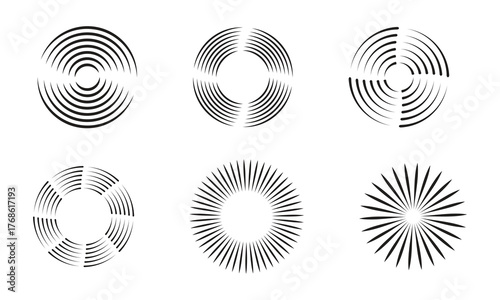 Minimalist vector set of radar and sonar icons featuring circular sound wave patterns and scanning symbols on white background