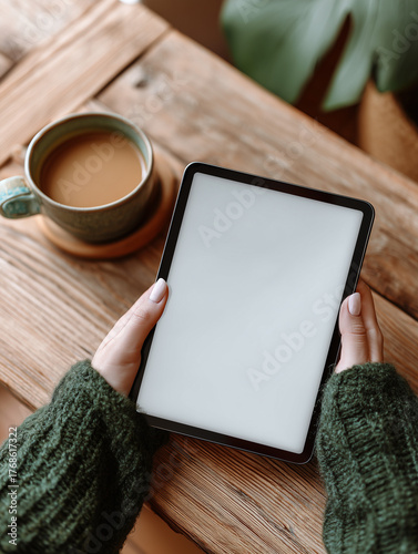 mockup of a IPAD PRO mockup with clean blank screen held in girl hand, casual Instagram lifestyle photo, natural smartphone photography, indoor cozy decor, cup of tee on table, green sweater sleeve 