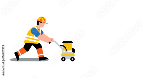 Construction Worker With Equipment Operating On Construction Site, Isolated On Black Background