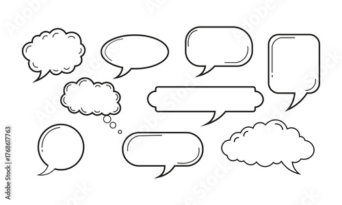 Minimalist black and white vector illustration of nine different speech bubble shapes arranged in a clean three-by-three grid on white background