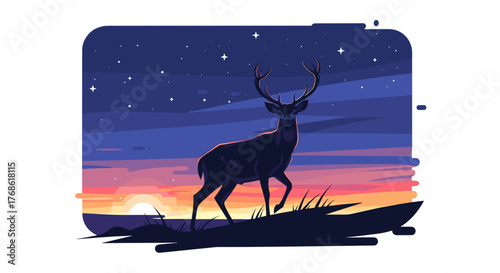 Deer silhouette standing on hillside at twilight with falling stars  