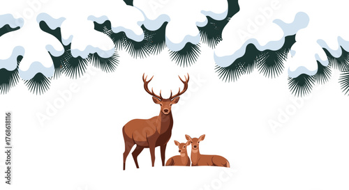 Deer family resting under snowy pine canopy in forest scene  