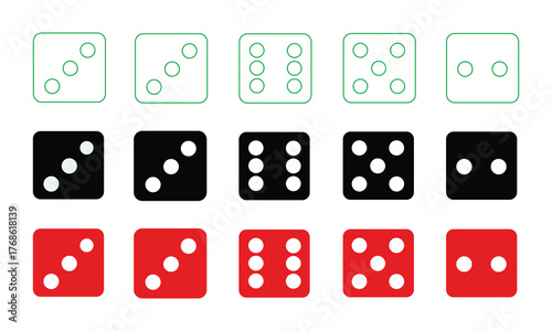 Minimalist flat design grid of black, white, and red dice arranged in sequential rows on a clean checkered background