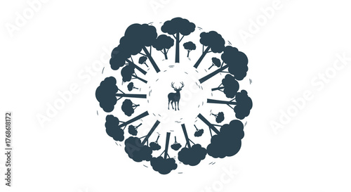 Deer standing in circular forest clearing with trees and snowflakes  