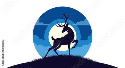 Silhouette of deer on moonlit clearing with blue background  