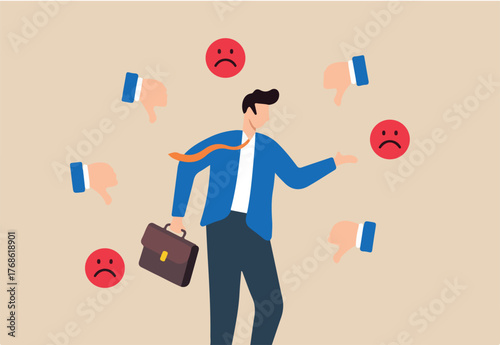 Businessman response to negative feedback, illustrating addressing dissatisfaction, dislikes, or bad customer reviews. Concept of handling complaints, and acknowledging business mistakes or problems