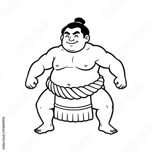 Cheerful cartoon sumo wrestler striking pose, simple coloring page for toddlers Generative ai 