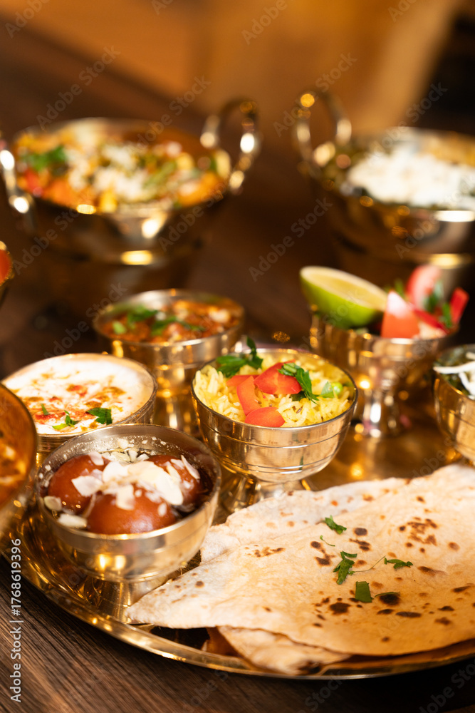 Naklejka premium Traditional Indian Thali Meal with Chapati and Curry