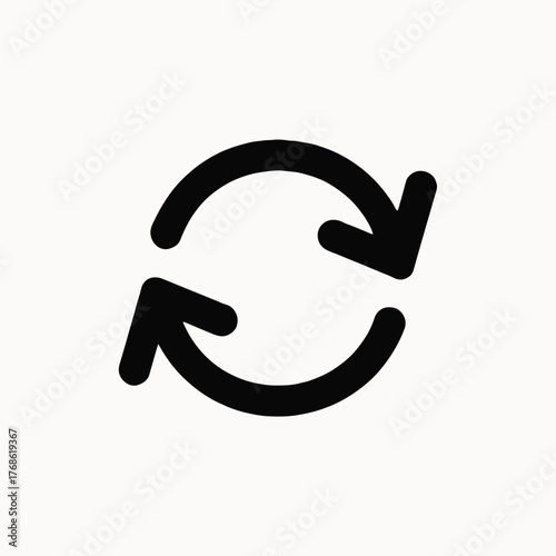 A simple black circular arrow icon indicating refresh or reload on a white background surface plain