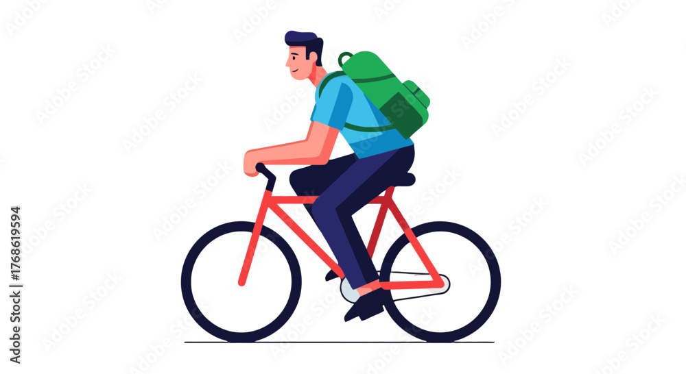 Fototapeta premium Cyclist With Backpack Traveling Using Bicycle On A Black Background