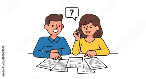 Couple Reviewing Loan Offers Feeling Uncertain About Financial Decisions With Question Mark