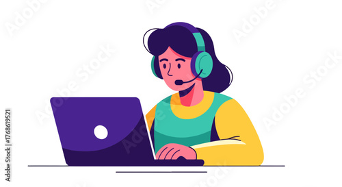 Customer Service Representative Working With Headset and Laptop in Digital Support Environment