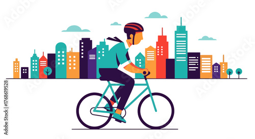 Cyclist Commuting Through Colorful Cityscape With Buildings and Clouds During Day