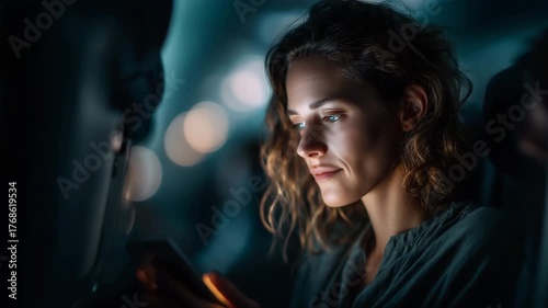Captivated by a screen in a dimly lit space during evening travels