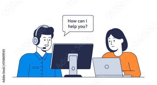 Customer Service Representative Providing Support To Client Using Computer and Headset
