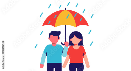 Couple Sharing An Umbrella During The Rain Against Black Background And Protection