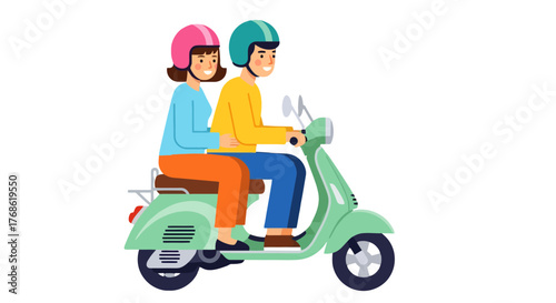 Couple Riding a Scooter in Colorful Cartoon Illustration Over Black Background Perfect for Posters