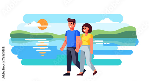 Couple Strolling Along Waterside Promenade, Enjoying a Pleasant Summer Day Together