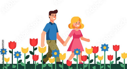 Couple Strolling Through Floral Abundance in a Joyous Cartoon Illustration