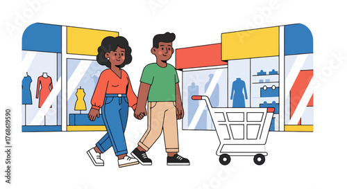 Couple Strolling Hand In Hand With Shopping Cart In Front Of Fashion Storefront Design