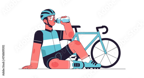 Cyclist Resting And Rehydrating After A Long Trip With Bicycle In Illustration