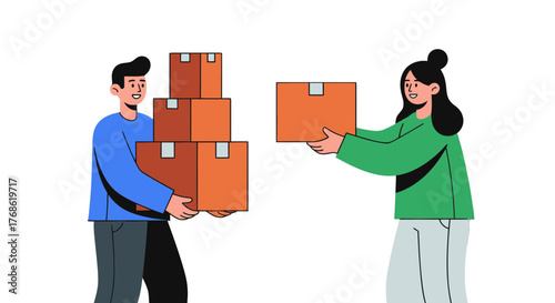 Delivery Employees Passing Packages Between Themselves Against a Black Background