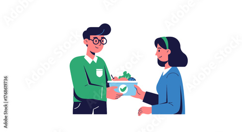 Delivery Food Illustration: People Exchanging Boxed Provisions With Fresh Ingredients