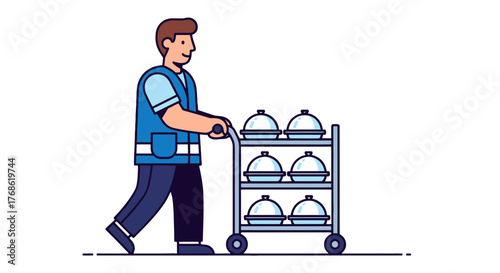 Delivery Person Transporting Food Trays on a Cart in a Minimalist Vector Illustration
