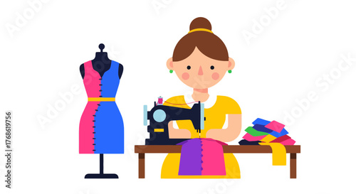Crafting Colorful Attire: A Seamstress Designs Fashion Using Sewing Machine and Fabrics