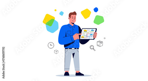 Delivery Worker Holding Map With Route Illustration on Black Background Delivering Packages