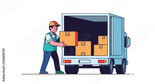 Delivery Worker Loading Boxes Into Lorry Representing Logistics and Transportation