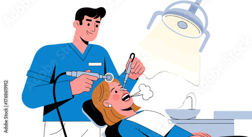 Dental Procedures: Illustrated Dentist Performing Oral Treatment on Patient's Teeth