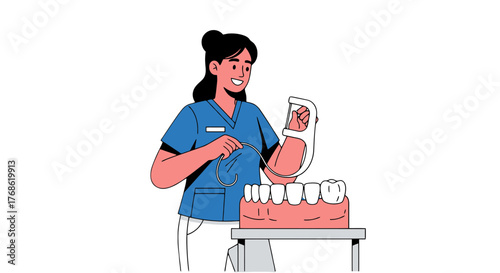 Dental Professional Demonstrating Proper Flossing Technique On Anatomical Model