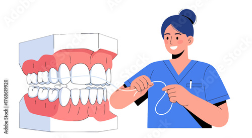 Dental Professional Flossing Artificial Teeth Demonstrating Oral Hygiene and Cleanliness