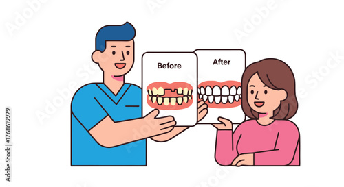 Dental Treatment and Patient Education Depicted in Modern Medical Illustration Style
