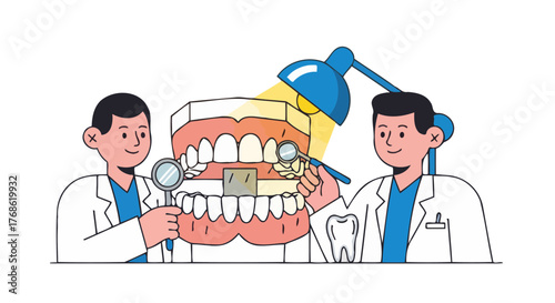 Dental Professionals Examining a Large Tooth Model Under Bright Illumination Perfect Illustration
